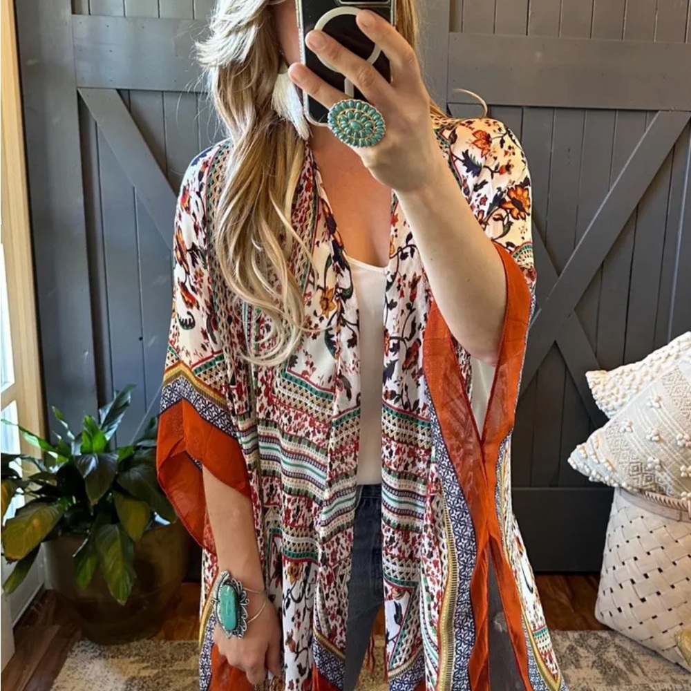 New Boho Lightweight Cardigan Kimono Top Fringe Hem Cotton Beach Denim Cover Up - Picture 2 of 11